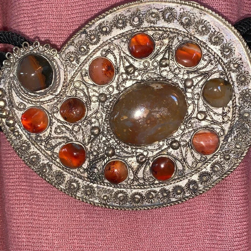 IONE oversized silver paisley buckle with 12 stones, braided cord belt VTG L EUC